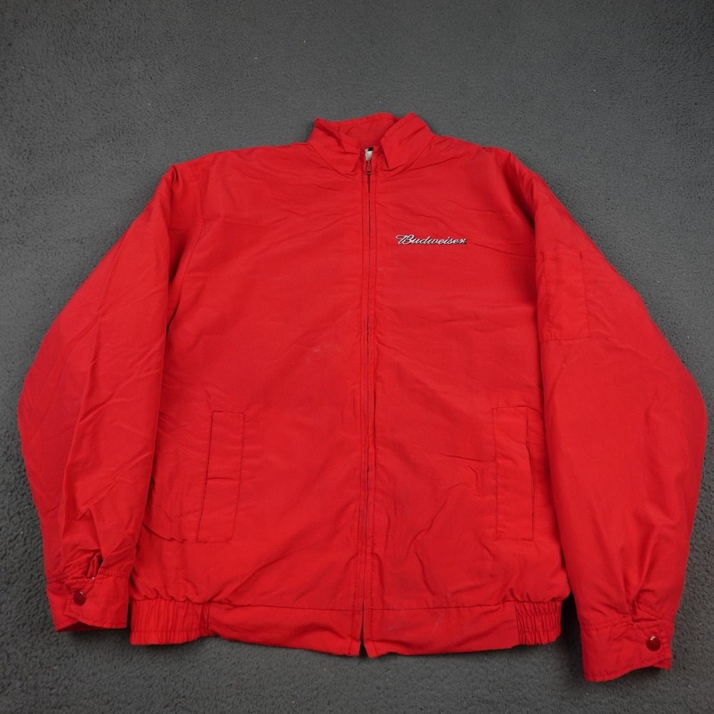 Vintage Budweiser Jacket Mens Large Red Quilted Lined Full Zip Made in USA 90s